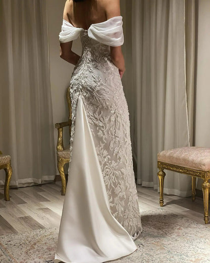 Elegant Ivory Sequin Off Shoulder Embroidered Evening Dress