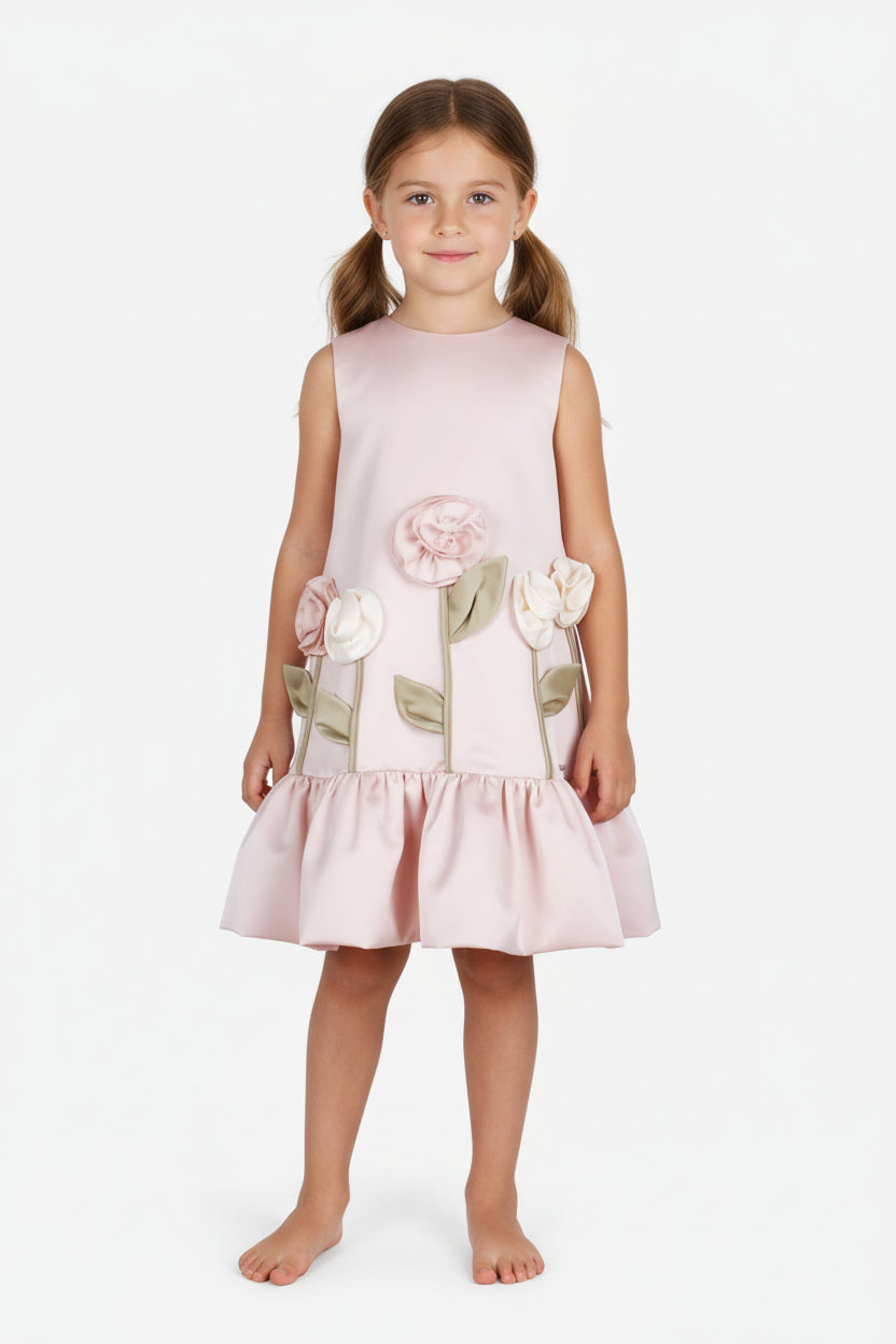 Pink Satin Flower Girl Dress with 3D Floral Appliqué - Sleeveless Ruffle Party Gown for Toddlers