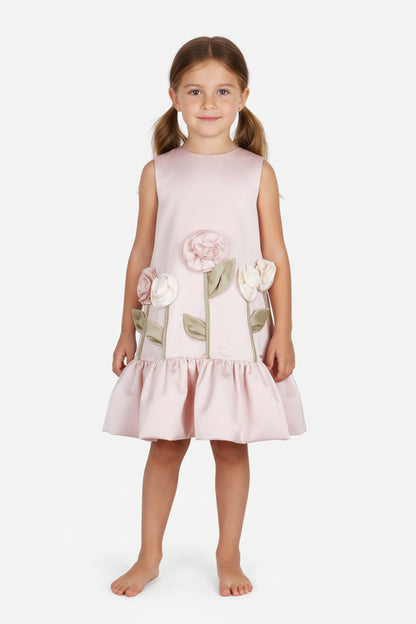 Pink Satin Flower Girl Dress with 3D Floral Appliqué - Sleeveless Ruffle Party Gown for Toddlers