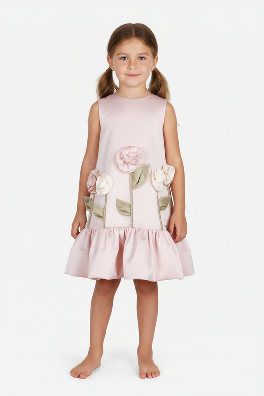 Pink Satin Flower Girl Dress with 3D Floral Appliqué - Sleeveless Ruffle Party Gown for Toddlers