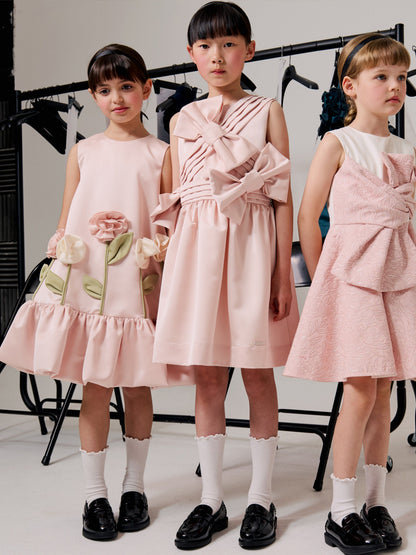 Pink Satin Flower Girl Dress with 3D Floral Appliqué - Sleeveless Ruffle Party Gown for Toddlers
