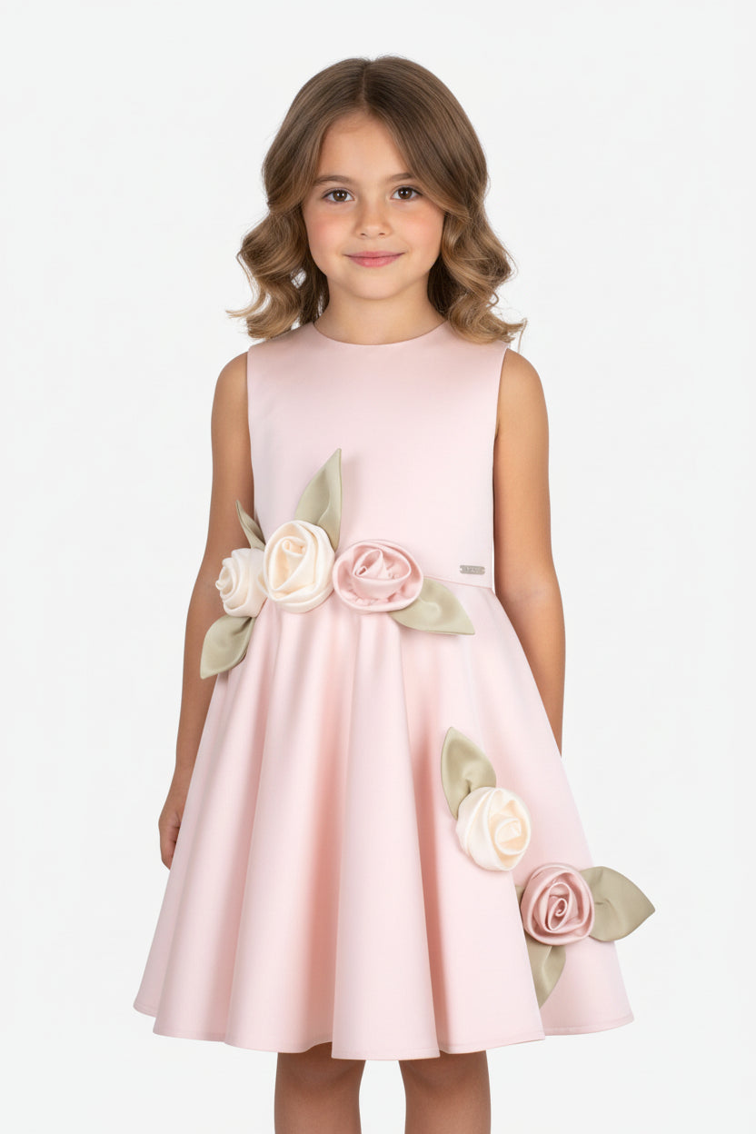 Elegant Pink Sleeveless Flower Girl Dress for Weddings | Handmade Floral Accent Kids Formal Gown