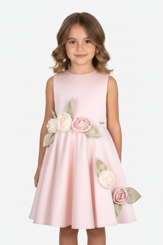 Elegant Pink Sleeveless Flower Girl Dress for Weddings | Handmade Floral Accent Kids Formal Gown