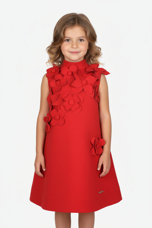 Red Satin Flower Girl Dress with 3D Floral Applique | Wedding & Special Occasion Kids Formal Wear