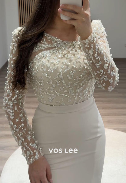 Empire Waist Long Sleeves Lace Pearl Mermaid Formal Dresses with Slit
