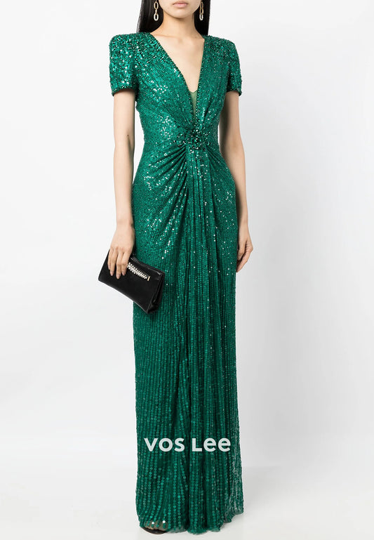Dark Green Short Sleeve V Neck Fully Sequined Sheath Mother of Bride Dresses