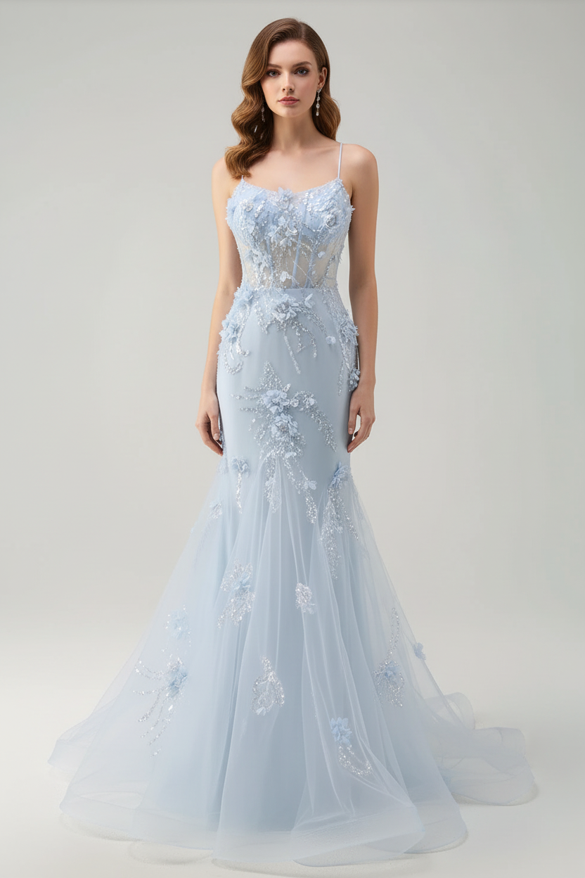 Strapless Mermaid Gown with Tulle Overlay | Evening Dress