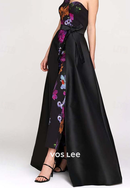 One shoulder A-Line Satin Evening Gown Flower Print Formal Dress