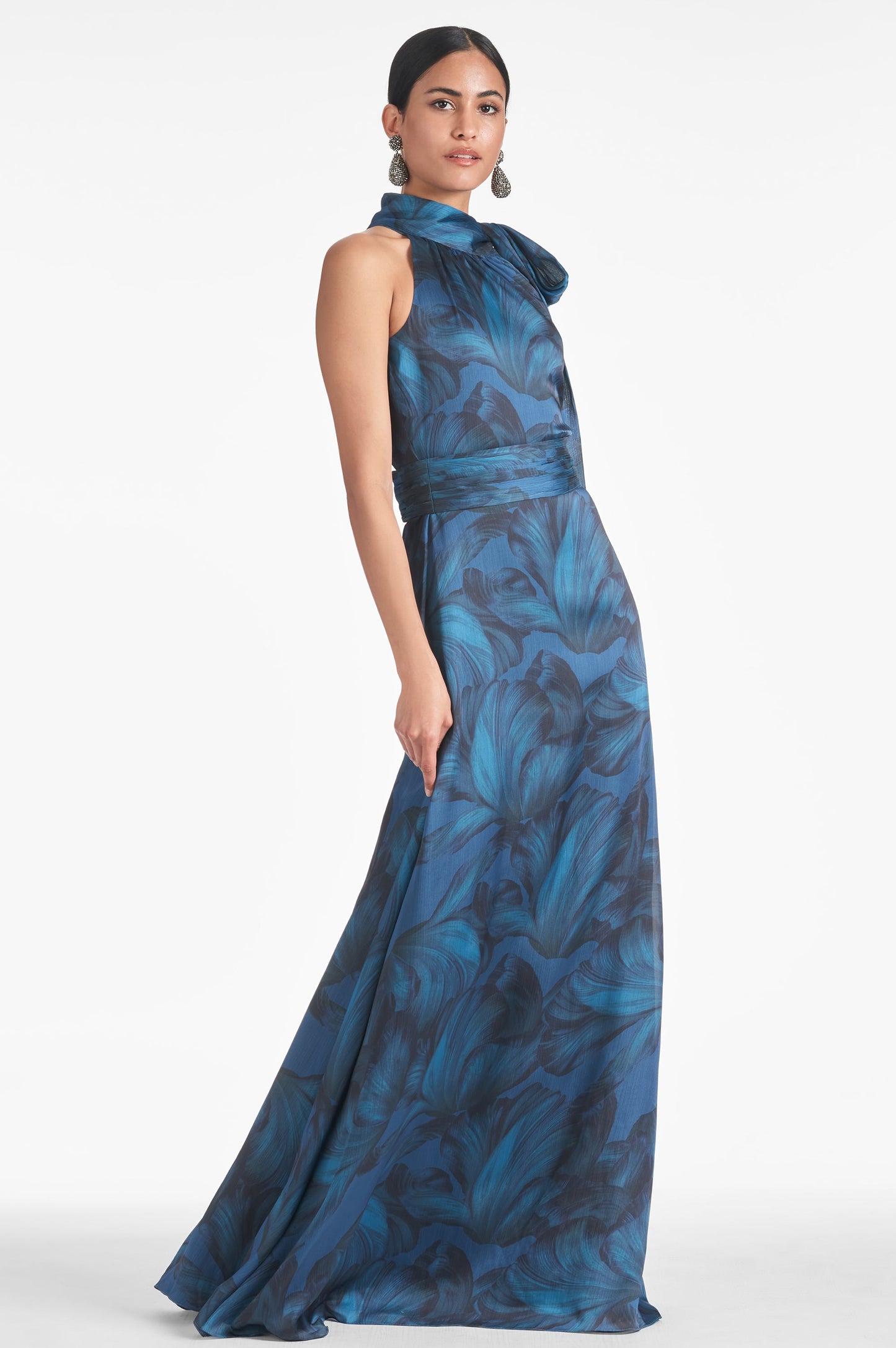 Halter Neck Blue Floral Evening Dress with Bow