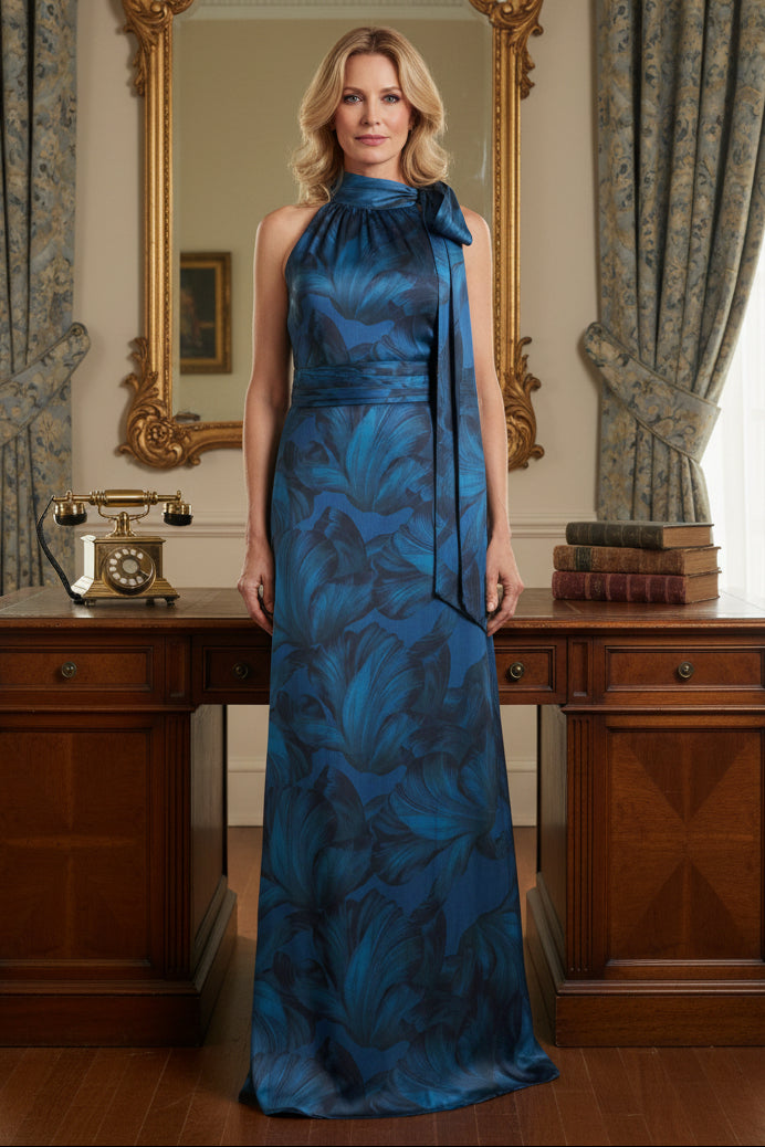 Halter Neck Blue Floral Evening Dress with Bow