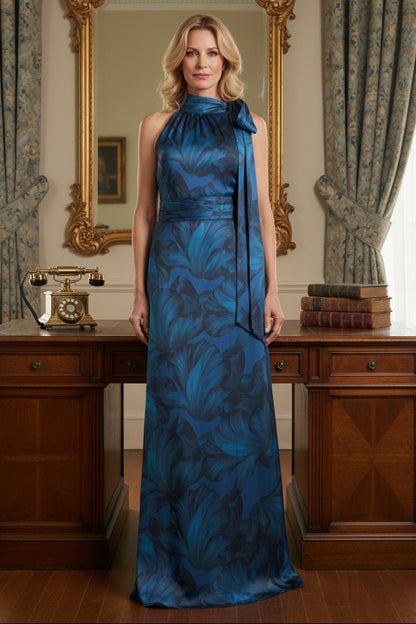 Halter Neck Blue Floral Evening Dress with Bow