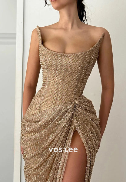 Sparkling Elegant Strapless Scoop Mermaid Prom Dresses with High Split
