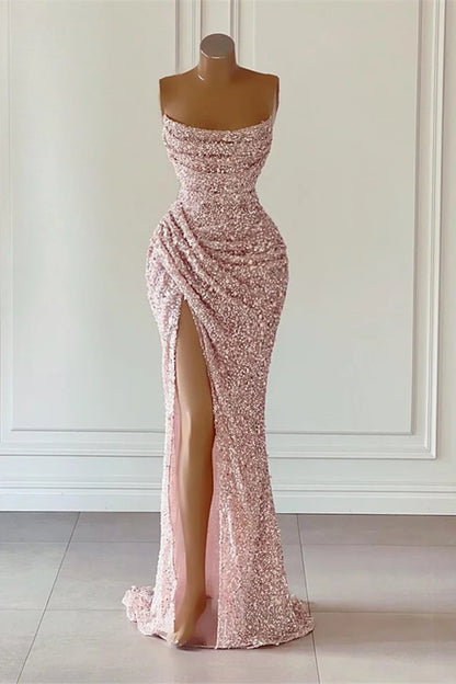 Sparkly Sleeveless Pleated Baby Pink Night Party Dresses Sequins Elegant Prom Dress