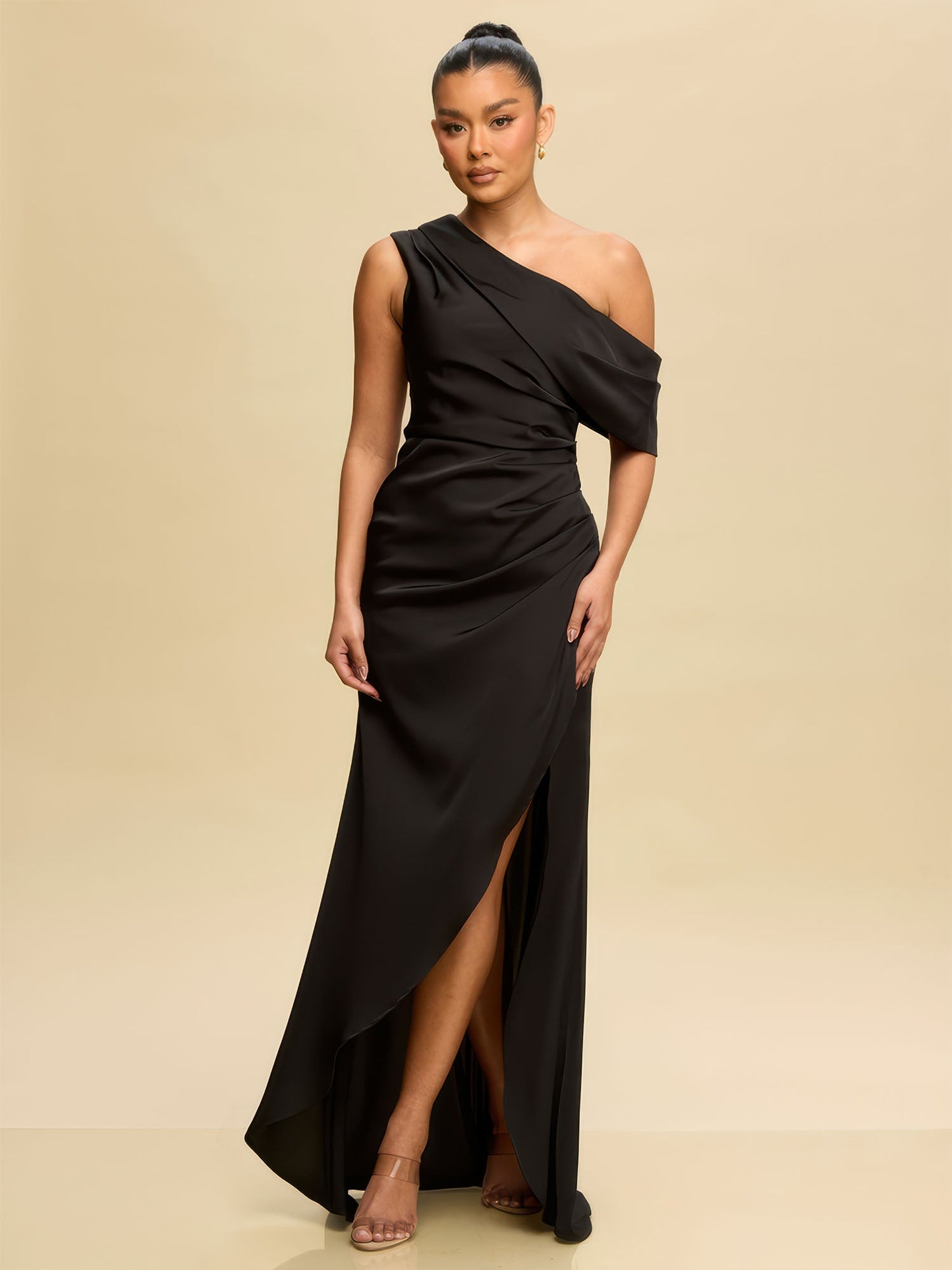 Sleeveless Ruched Satin Bodycon Gown