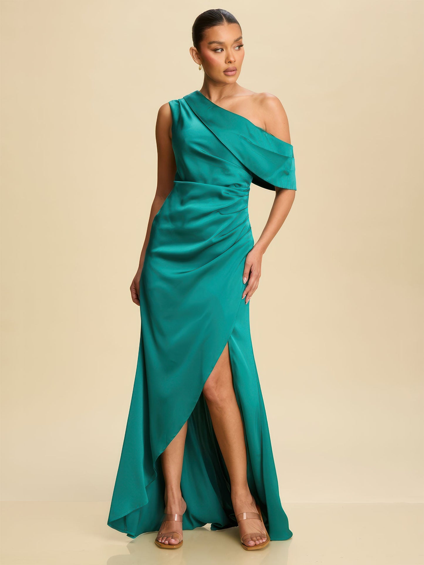 Sleeveless Ruched Satin Bodycon Gown