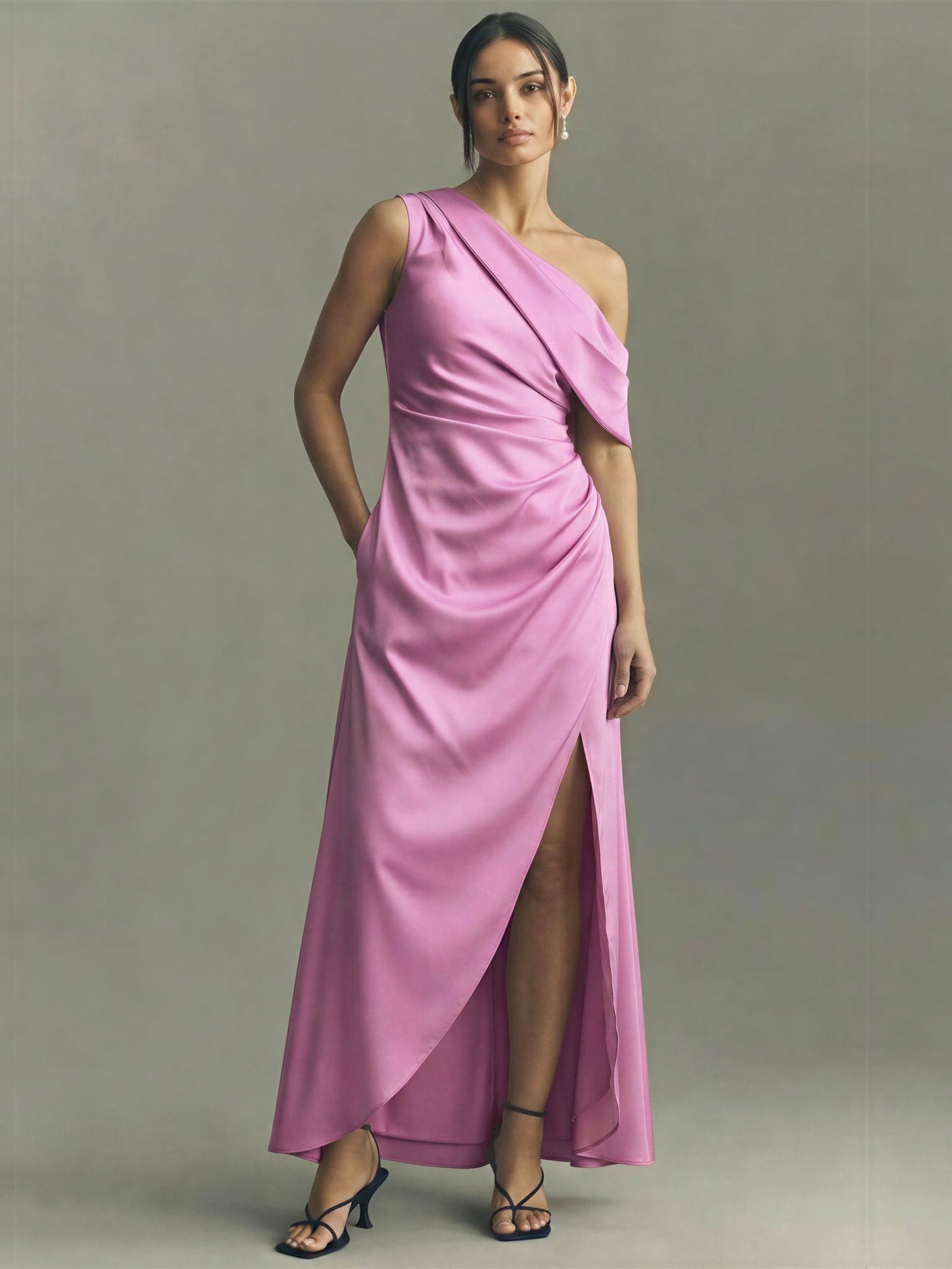 Sleeveless Ruched Satin Bodycon Gown