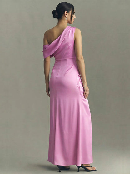 Sleeveless Ruched Satin Bodycon Gown