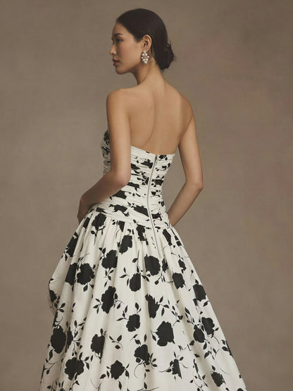 Strapless Ruched Bodice Rose High Low Gown