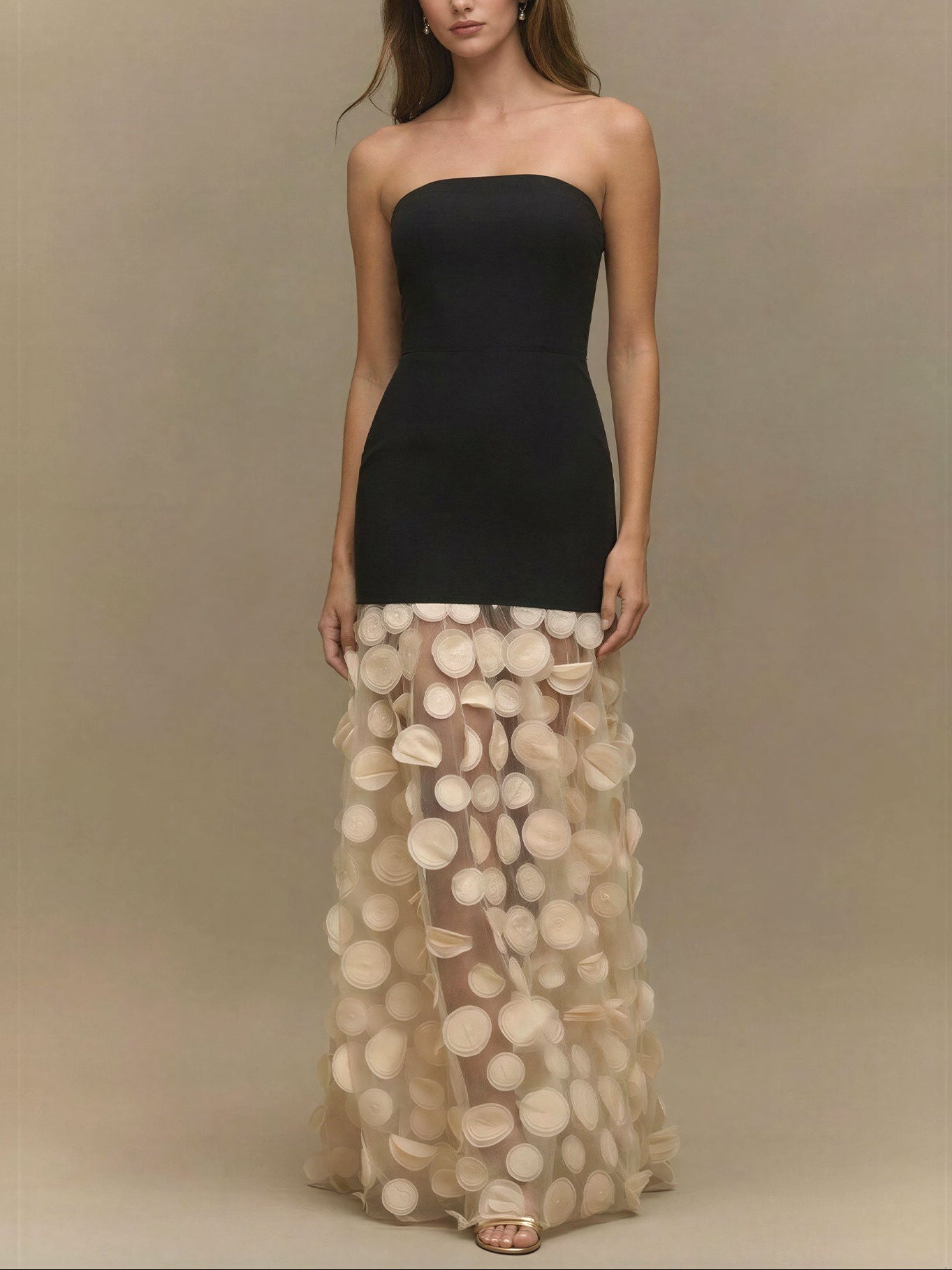 Black Bodice with 3D Floral Tulle Skirt Evening Gown