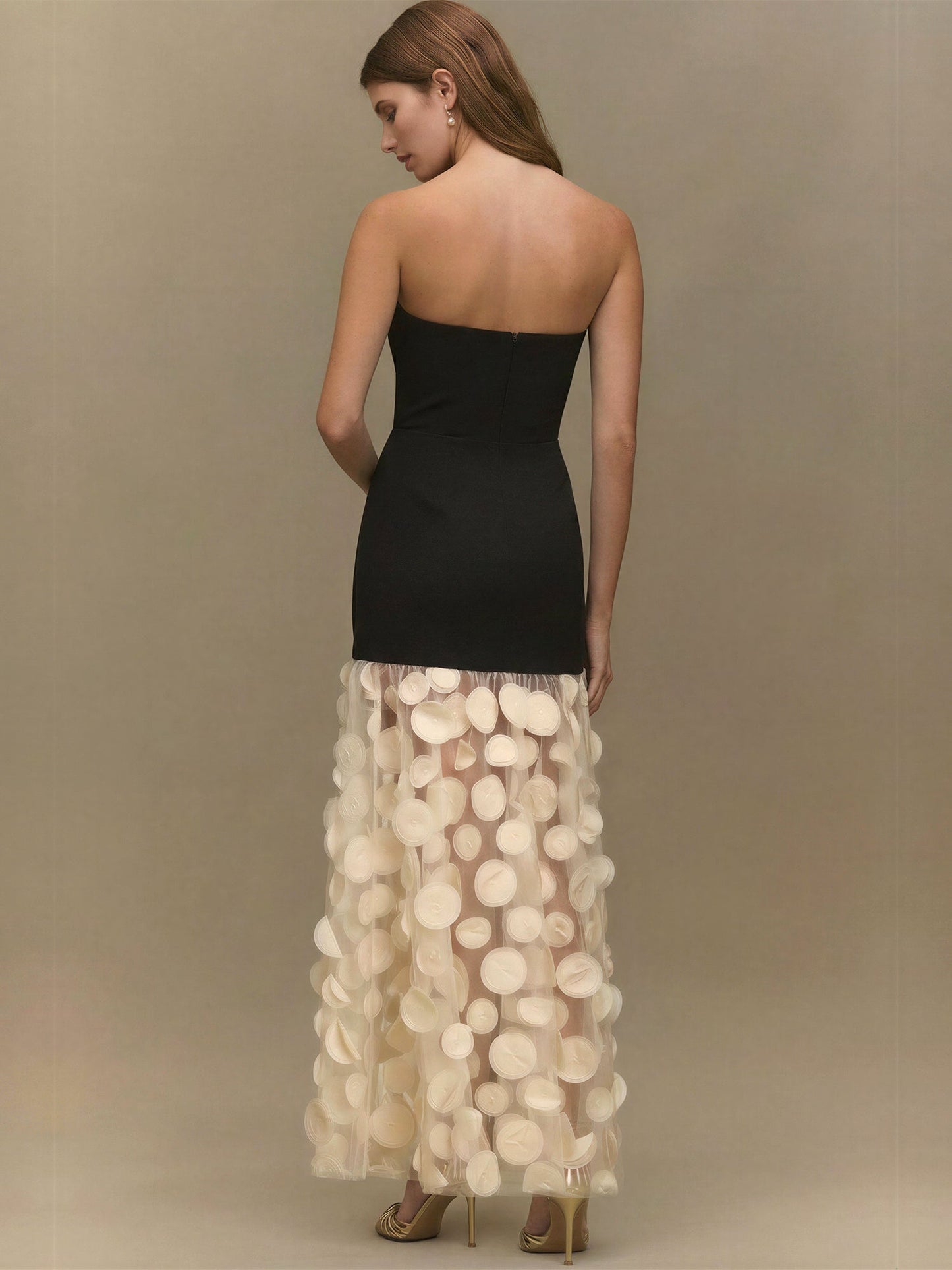 Black Bodice with 3D Floral Tulle Skirt Evening Gown