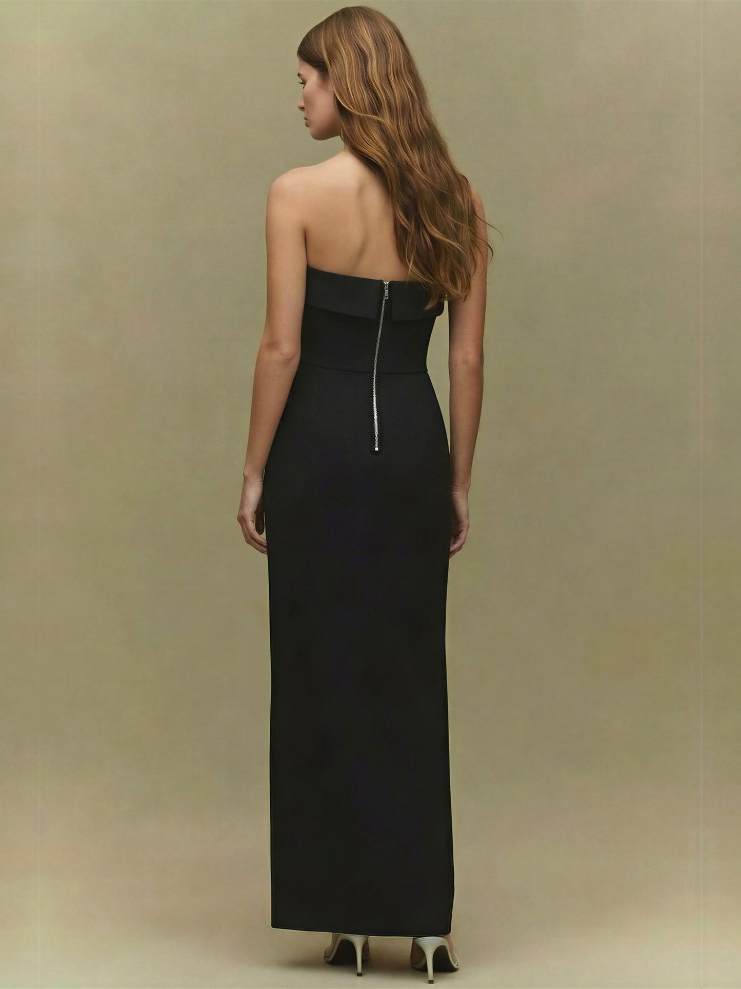 Strapless V Neck Bow Slit Gown