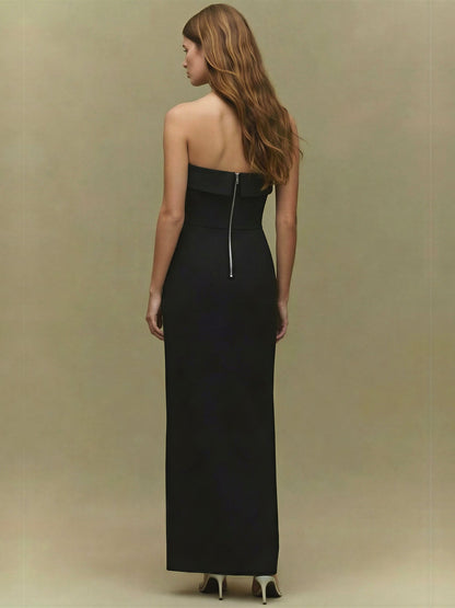 Strapless V Neck Bow Slit Gown
