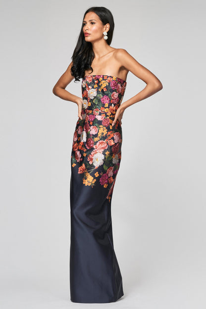 Floral Print Strapless Column Evening Gown with Contrast Solid Skirt