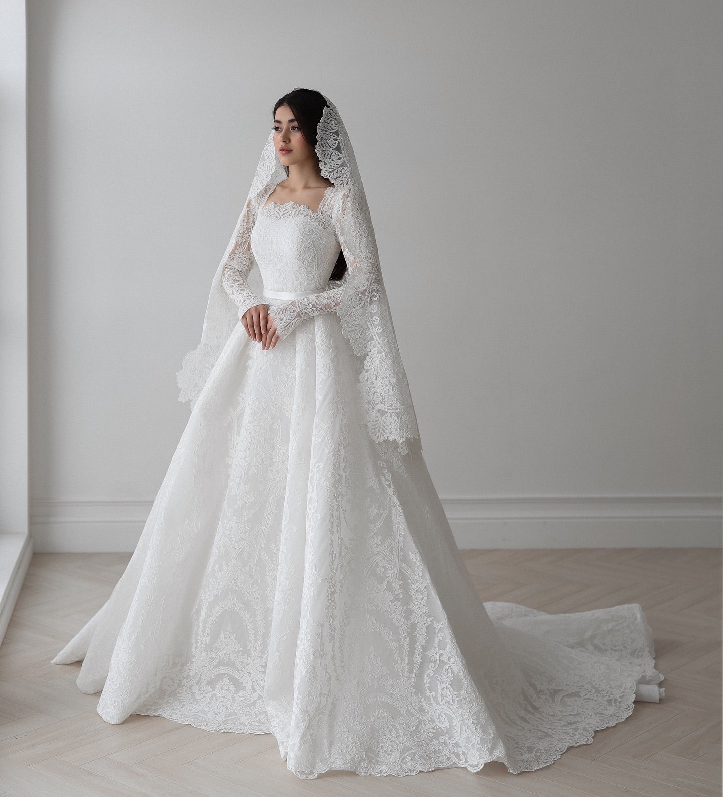 Lace A-Line Wedding Dress with Square Neck and Long Sleeves