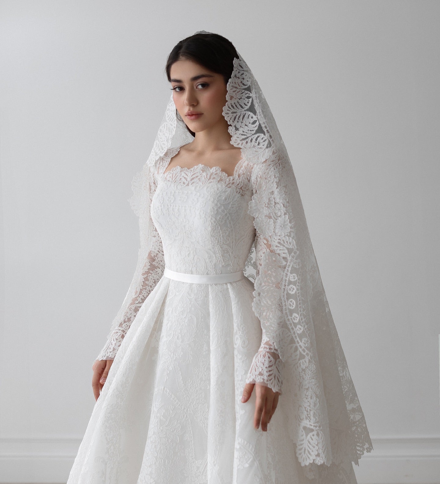 Lace A-Line Wedding Dress with Square Neck and Long Sleeves