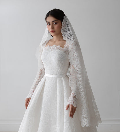 Lace A-Line Wedding Dress with Square Neck and Long Sleeves