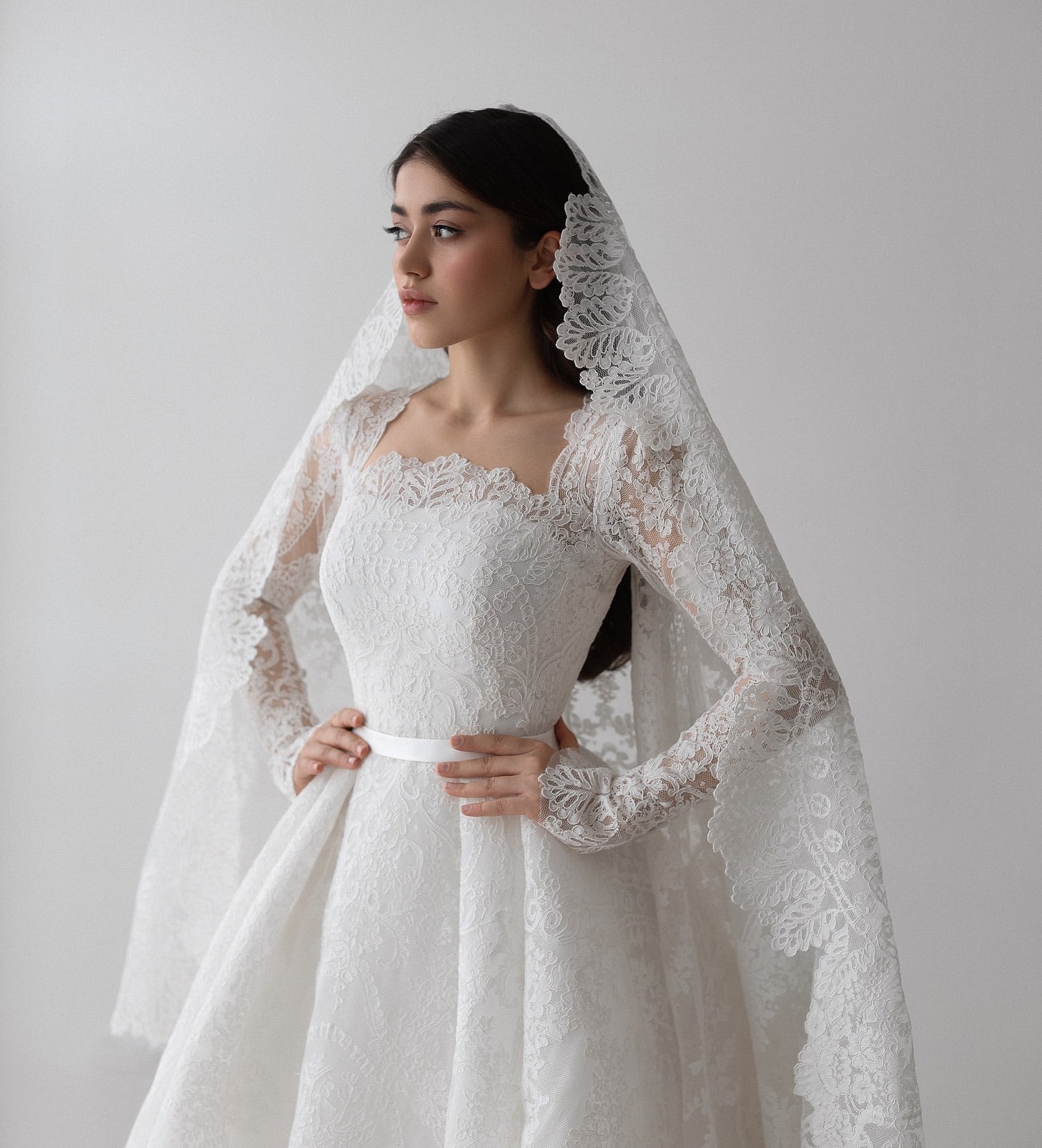 Lace A-Line Wedding Dress with Square Neck and Long Sleeves