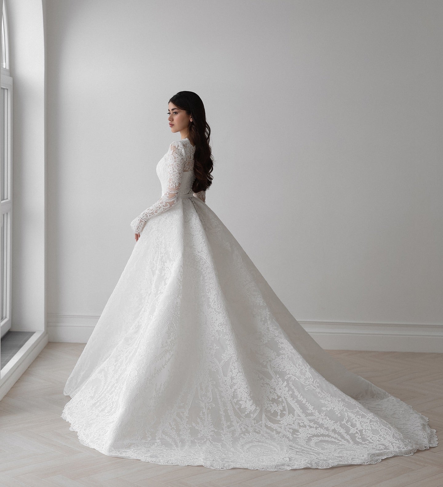 Lace A-Line Wedding Dress with Square Neck and Long Sleeves