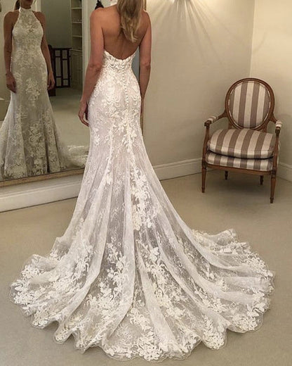 Halter Mermaid Wedding Dress Lace Open Back