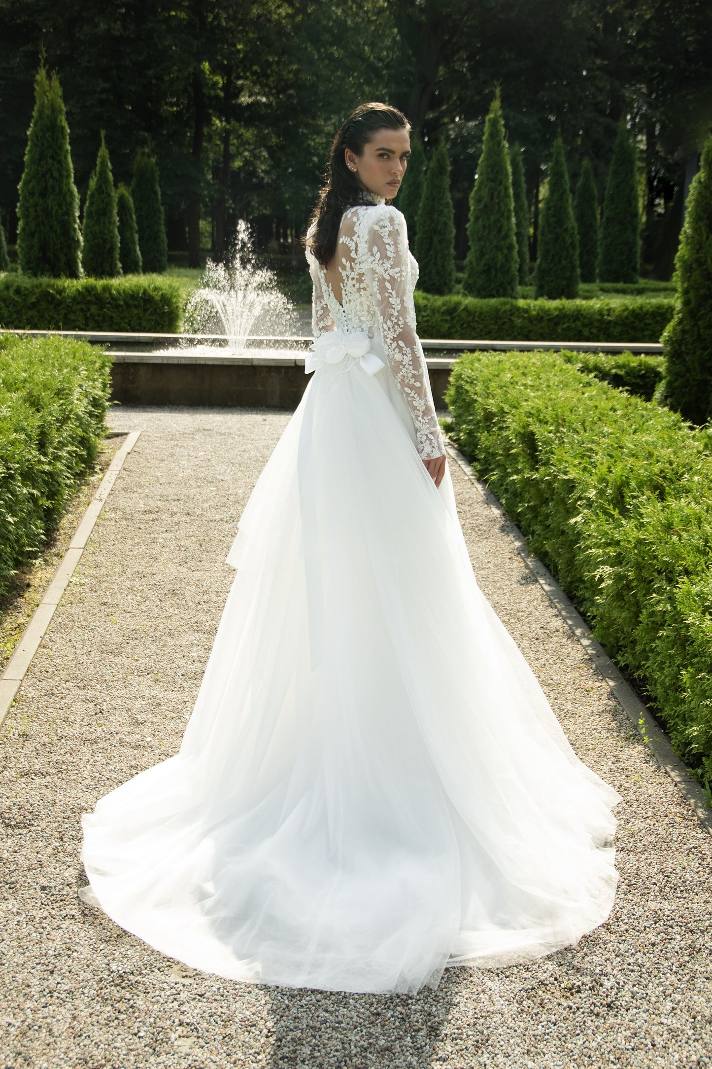 Lace and Tulle A-Line Wedding Dress with Corset and Floral Train Moire