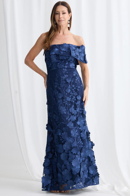 3D Floral Applique Asymmetric Off-Shoulder Desig Maxi Dress