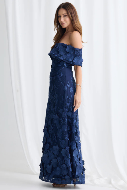 3D Floral Applique Asymmetric Off-Shoulder Desig Maxi Dress