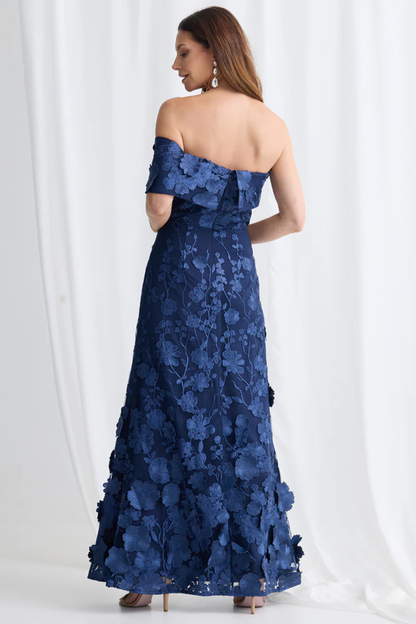 3D Floral Applique Asymmetric Off-Shoulder Desig Maxi Dress