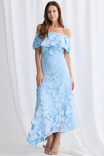 3D Floral Applique Off-Shoulder Sleeves Asymmetrical Hem Dress