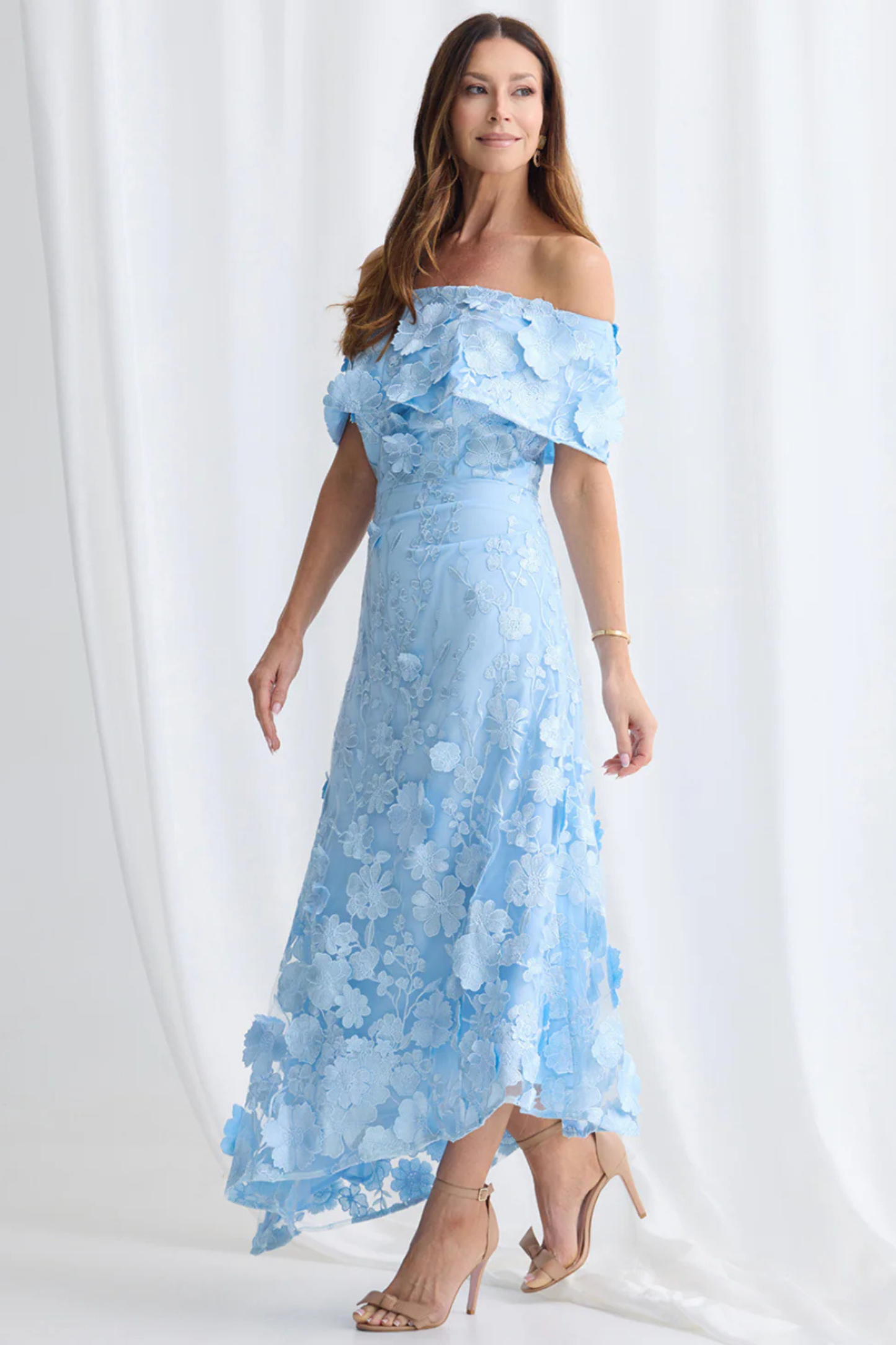 3D Floral Applique Off-Shoulder Sleeves Asymmetrical Hem Dress