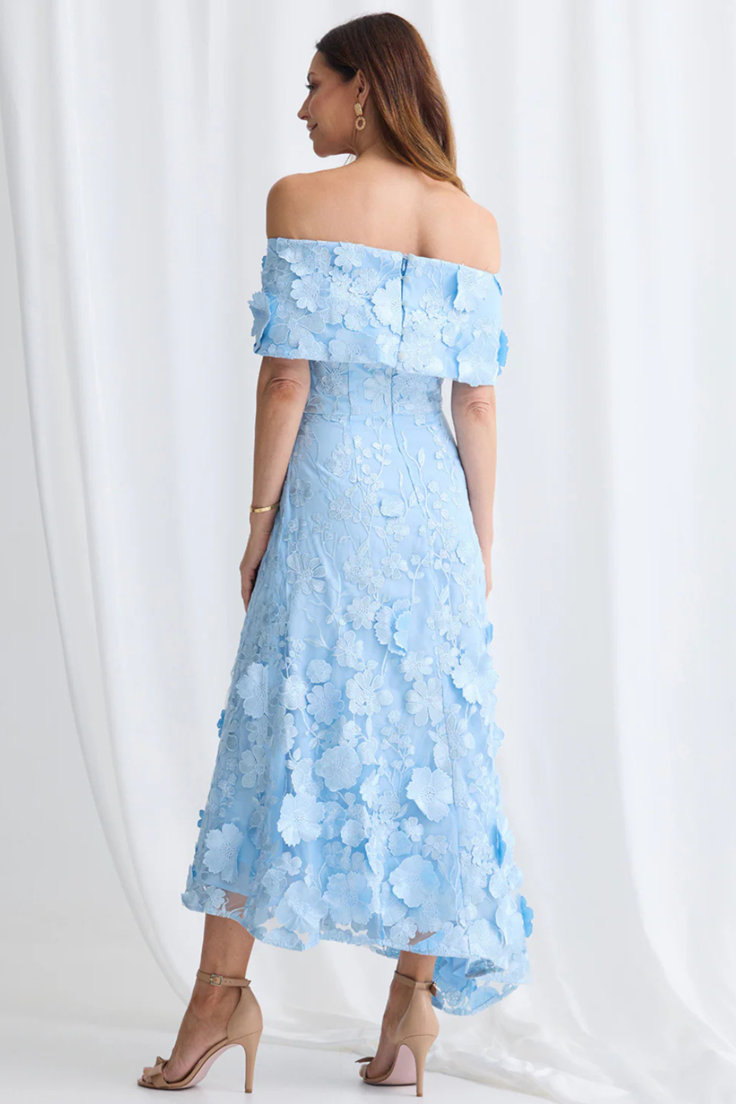 3D Floral Applique Off-Shoulder Sleeves Asymmetrical Hem Dress