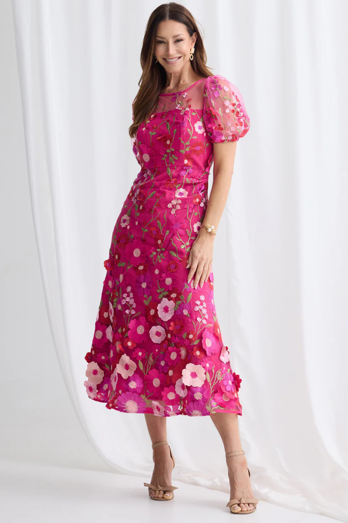 3D Floral Applique Puff Sleeves Midi Dress Evening Dress