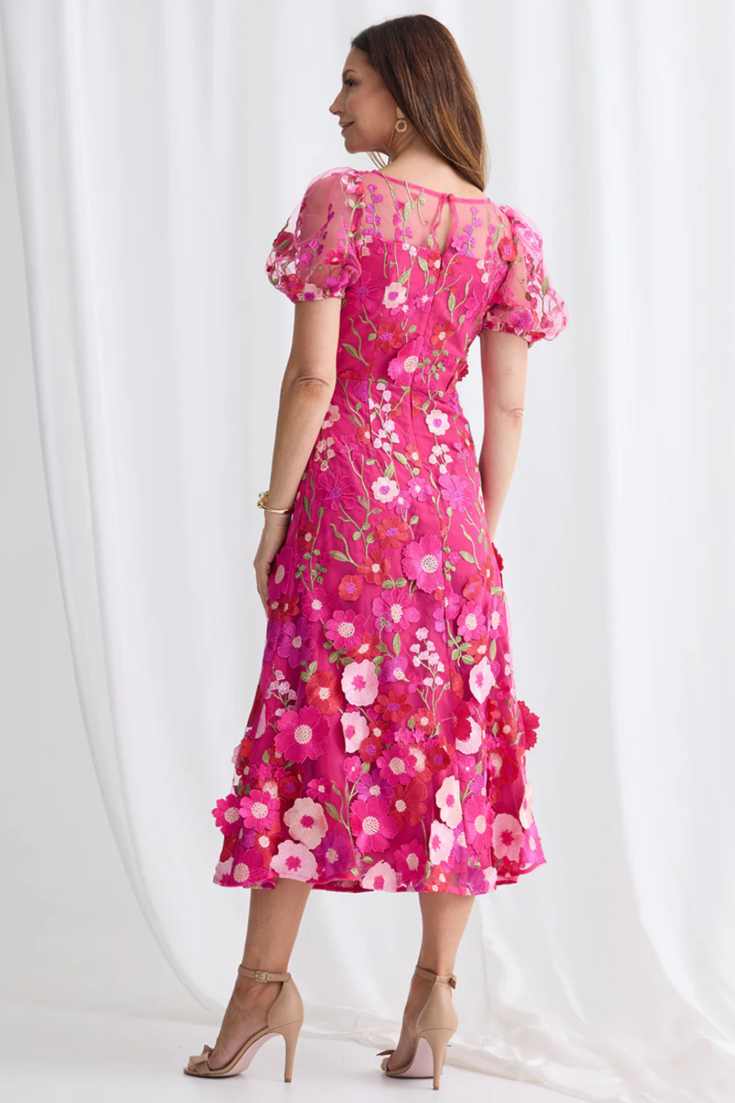 3D Floral Applique Puff Sleeves Midi Dress Evening Dress