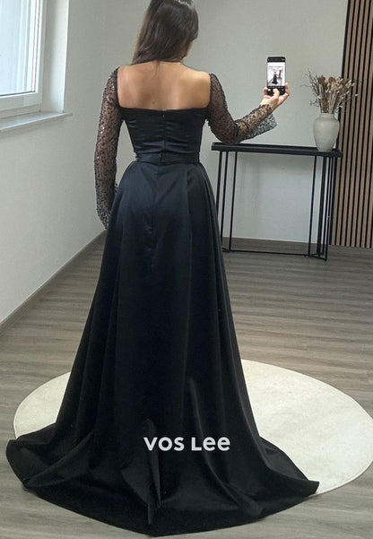 Long Sleeves Sequined  Mermaid Formal Dresses with Detachable Train