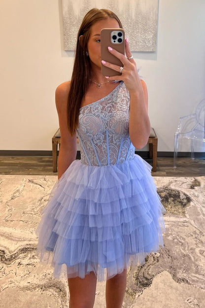 Lavender A-Line One Shoulder Short Tiered Tulle Homecoming Dress