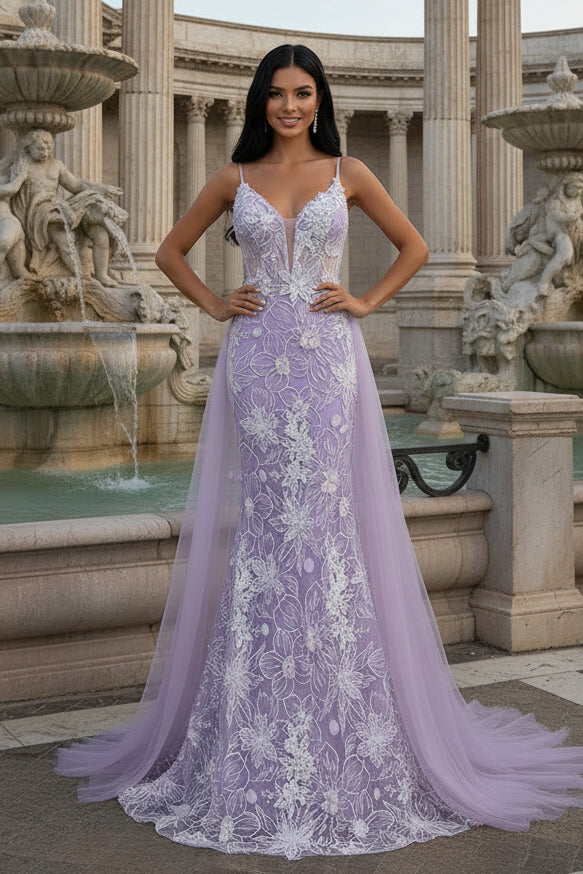 Lavender Floral Embroidered Mermaid Prom Dress with Sheer Bodice & Train