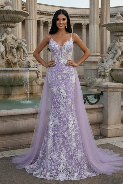 Lavender Floral Embroidered Mermaid Prom Dress with Sheer Bodice & Train