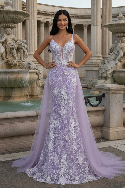 Lavender Floral Embroidered Mermaid Prom Dress with Sheer Bodice & Train