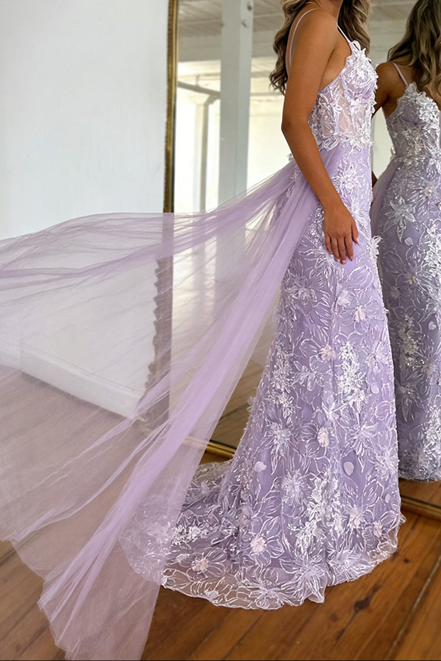Lavender Floral Embroidered Mermaid Prom Dress with Sheer Bodice & Train