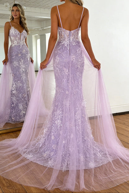 Lavender Floral Embroidered Mermaid Prom Dress with Sheer Bodice & Train