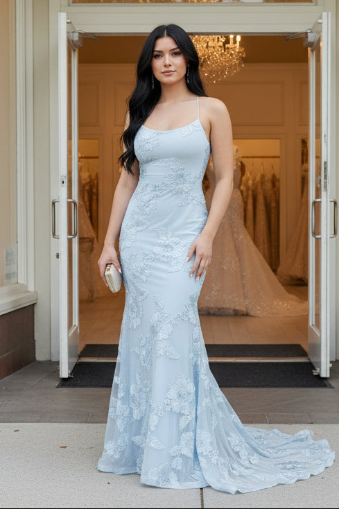 Light Blue Floral Embroidered Spaghetti Strap Prom Dress